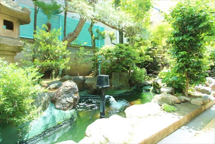A Japanese garden pond with a stone lantern and clear waterfall