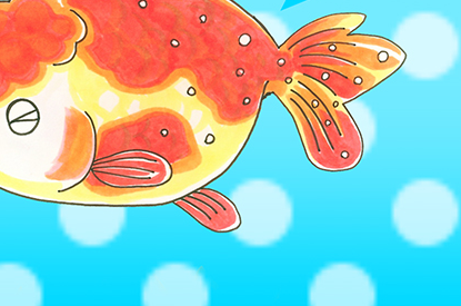Illustration of a goldfish dusted with the white spots of ich, by Satoko Nakajima