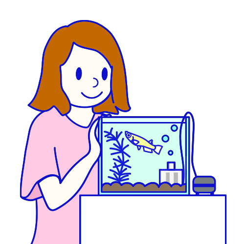 Illustration of Satoko Nakajima, staff aquarist and illustrator, beside an aquarium
